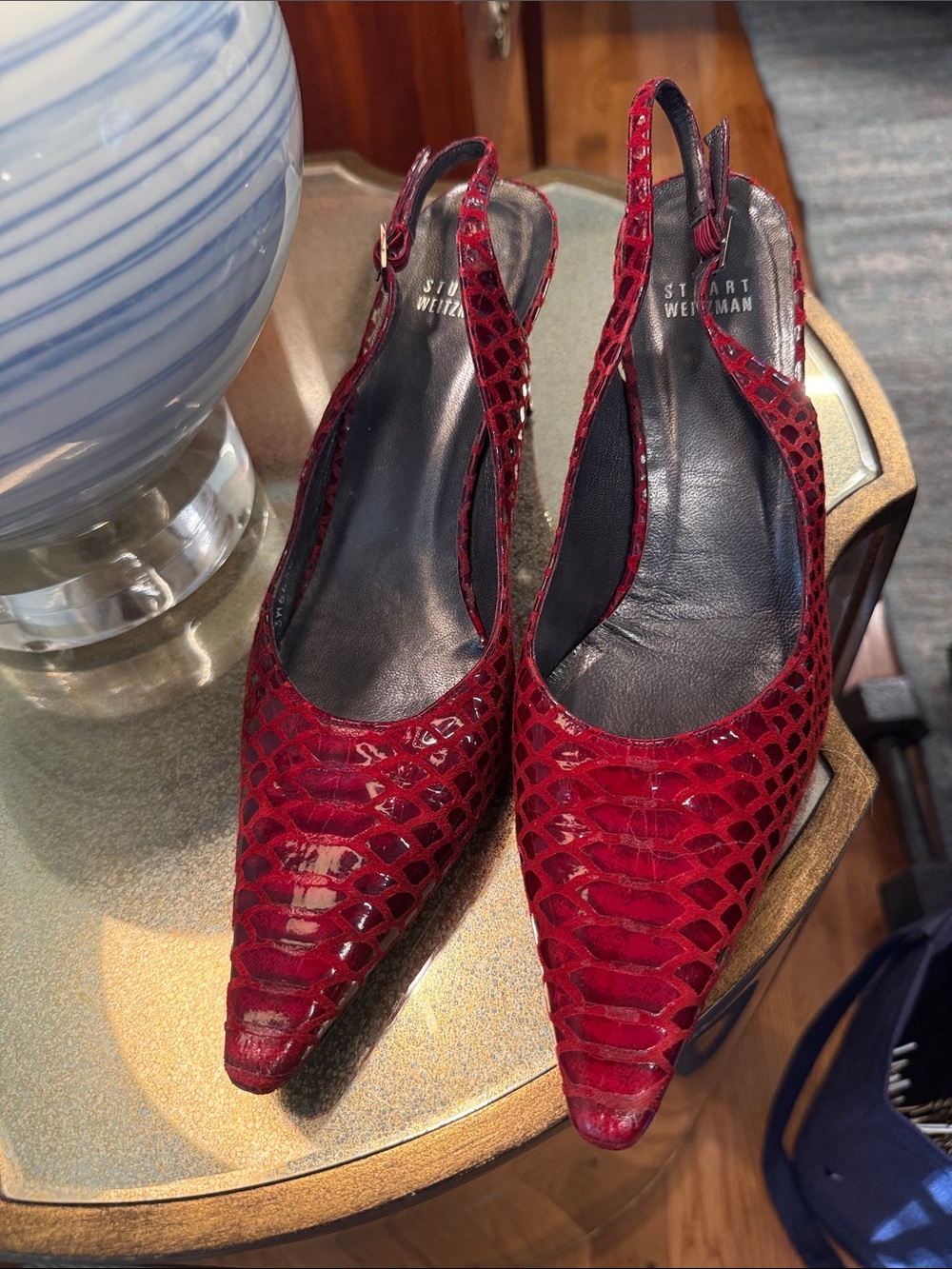 Stuart Weitzman Red Snakeskin Pointed Toe Slingback Heels
